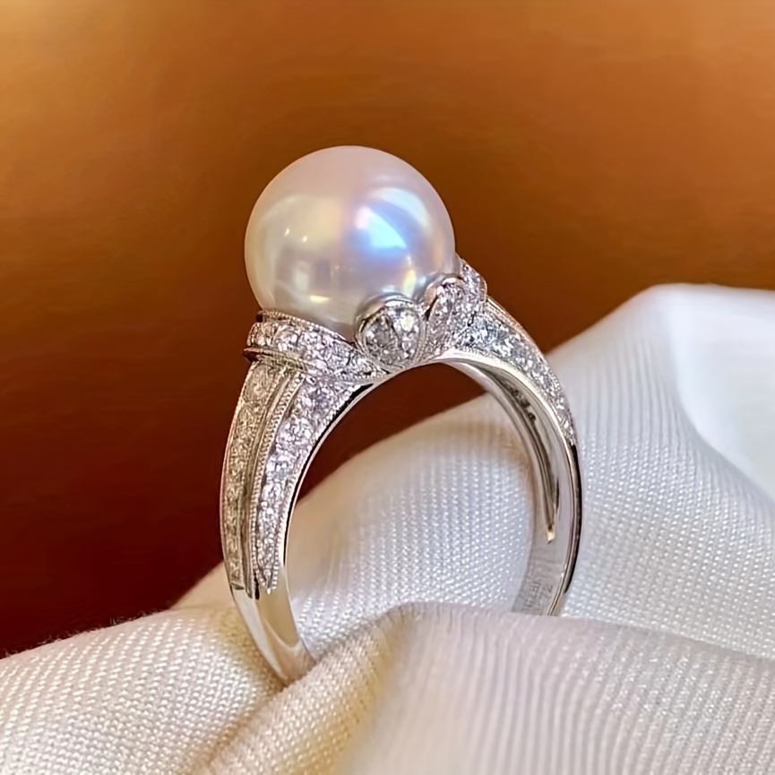 French Palace Style Pearl Copper Ring with Zirconia - Ladies